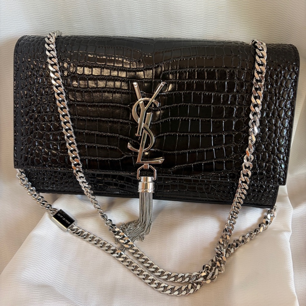 Saint Laurent Black Croc-Embossed Monogram Chain Bag